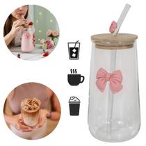 Copo De Vidro Fofo Com Tampa E Canudo Laço De Coquette 500ml Copo De Vidro Fofo Com Tampa E Canudo Laço De Coquette 500ml