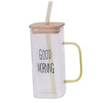 Copo De Vidro Good Morning com Tampa E Canudo Drinks 400ml