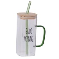 Copo De Vidro Good Morning com Tampa E Canudo Drinks 400ml Copo De Vidro Good Morning com Tampa E Canudo Drinks 400ml