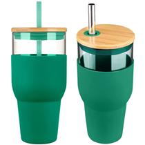 Copo de vidro kytffu 950 ml com palha e tampa, verde escuro