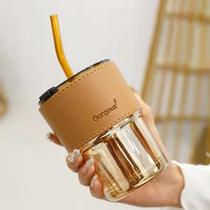 Copo de Vidro Minimalista 400ml com Canudo e Alça de Silicone Copo Transparente Café, Suco e Água Copo de Vidro Minimalista 400ml com Canudo e Alça de Silicone Copo Transparente Café, Suco e Água