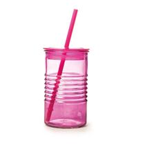 Copo de Vidro Modelo Joy na Cor Rosa 400ml com Tampa e Canudo para Refrigerantes e Refrescos