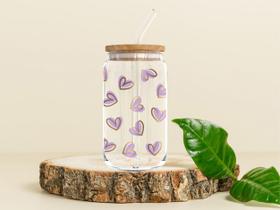 Copo de Vidro para Drink Água Suco Café com Tampa de Bambu estampa de coração - LS