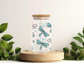 Copo de Vidro para Drink Água Suco Café com Tampa de Bambu estampa de libelula - LS