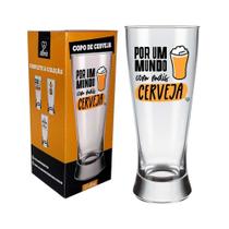 Copo de vidro personalizado com frase ''Por um mundo com mais cerveja com caixa - 300ml