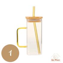 Copo de Vidro Quadrado 350ml com Alça e Tampa Bambu e Canudo Copo de Vidro Quadrado 350ml com Alça e Tampa Bambu e Canudo