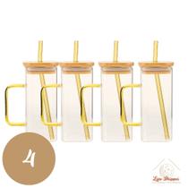 Copo de Vidro Quadrado 350ml com Alça e Tampa Bambu e Canudo Copo de Vidro Quadrado 350ml com Alça e Tampa Bambu e Canudo