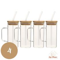 Copo de Vidro Quadrado 350ml com Alça e Tampa Bambu e Canudo Copo de Vidro Quadrado 350ml com Alça e Tampa Bambu e Canudo