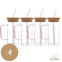 Copo de Vidro Quadrado 350ml com Alça e Tampa Bambu e Canudo Copo de Vidro Quadrado 350ml com Alça e Tampa Bambu e Canudo