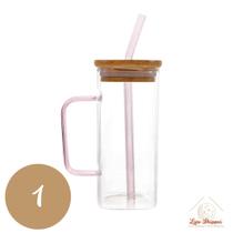 Copo de Vidro Quadrado 350ml com Alça e Tampa Bambu e Canudo Copo de Vidro Quadrado 350ml com Alça e Tampa Bambu e Canudo