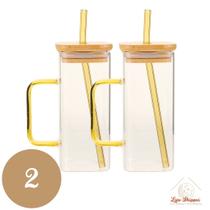 Copo de Vidro Quadrado 350ml com Alça e Tampa Bambu e Canudo Copo de Vidro Quadrado 350ml com Alça e Tampa Bambu e Canudo