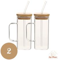 Copo de Vidro Quadrado 350ml com Alça e Tampa Bambu e Canudo Copo de Vidro Quadrado 350ml com Alça e Tampa Bambu e Canudo