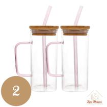 Copo de Vidro Quadrado 350ml com Alça e Tampa Bambu e Canudo Copo de Vidro Quadrado 350ml com Alça e Tampa Bambu e Canudo