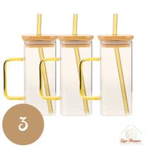 Copo de Vidro Quadrado 350ml com Alça e Tampa Bambu e Canudo Copo de Vidro Quadrado 350ml com Alça e Tampa Bambu e Canudo