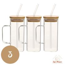 Copo de Vidro Quadrado 350ml com Alça e Tampa Bambu e Canudo Copo de Vidro Quadrado 350ml com Alça e Tampa Bambu e Canudo