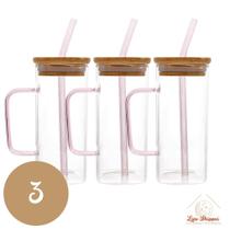 Copo de Vidro Quadrado 350ml com Alça e Tampa Bambu e Canudo Copo de Vidro Quadrado 350ml com Alça e Tampa Bambu e Canudo