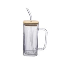 Copo de Vidro Quadrado Graffiato com Tampa Hermética de Bambu e Canudo Para Drinks