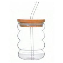 Copo de Vidro Resistente ao Calor de 300ml, com Tampa de Bambu Hermético e Canudo de vidro