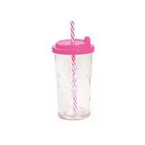 Copo de Vidro Rosa Claro 450ML com Tampa e Canudo para Sucos Refrigerantes e Refrescos