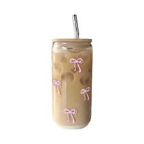 Copo De Vidro Rosa Com Laço 500ml, Bonito, Com Tampa E Canudo Para Café Gelado, Leite, Smoothie,