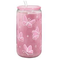 Copo de vidro SANDJEST Butterfly 473ml com tampa acrílica Straw Copo de vidro SANDJEST Butterfly 473ml com tampa acrílica Straw