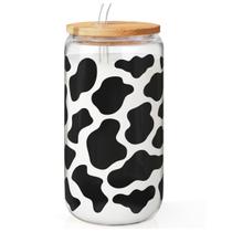 Copo de vidro SANDJEST Cow Print com tampa de bambu e canudo 470ml Copo de vidro SANDJEST Cow Print com tampa de bambu e canudo 470ml