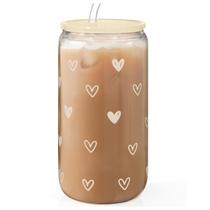 Copo de vidro SANDJEST de 16 onças com tampa e canudo, design de coração Copo de vidro SANDJEST de 16 onças com tampa e canudo, design de coração
