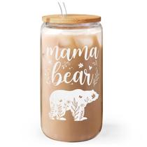 Copo de vidro SANDJEST Mama Bear 473 ml com tampa de bambu e palha