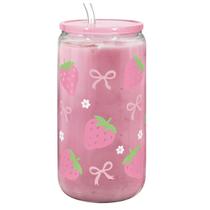 Copo de vidro SANDJEST Strawberry 470ml com tampa e canudo