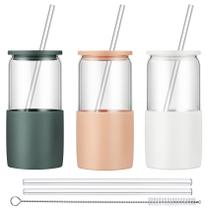 Copo de vidro Sunseeke de 480 ml com canudo, tampa e manga, pacote com 3