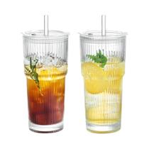 Copo De Vidro Transparente Com Listras De 600ml Com Tampa E Canudo Para Suco Água Café Gelado