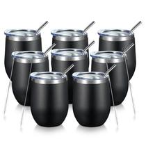 Copo de vinho COMOOO 350ml de aço inoxidável com tampa e canudo, pacote com 8 unidades