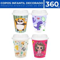 Copo Decorado Infantil 360ml Animais c/ Tampa Água Suco Café