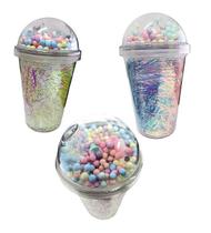 Copo Divertido Glitter com Canudo 350ml Tampa imita DOCES Parede Dupla