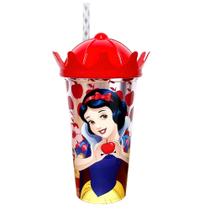 Copo Estampa da Branca de Neve 500ml com Canudo e Tampa Coroa Infantil