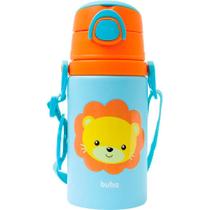 Copo Garrafa Garrafinha Infantil de Alumínio 400ml c/ Canudo Animal Fun Leão - Azul / Laranja - Buba