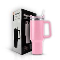 Copo garrafa Térmica Inox 1200ml Parede Dupla tampa Canudo Premium Rosa Claro