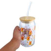 Copo Hermético de Vidro Estampado com Canudo "Capivara 2" - Nybc