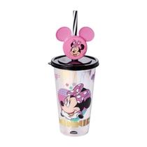 Copo Infantil 500mL Mickey e Minnie com Canudo Tampa Protetora Antivazamento Plástico Leve Durável Pin Decorativo e Reutilizável