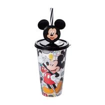 Copo Infantil 500mL Mickey e Minnie com Canudo Tampa Protetora Antivazamento Plástico Leve Durável Pin Decorativo e Reutilizável