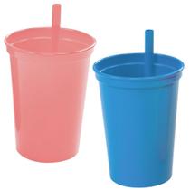 Copo infantil com canudo fixo 300ml Plasutil 1 azul e 1 rosa unidades ref. 2581 Copo infantil com canudo fixo 300ml Plasutil 1 azul e 1 rosa unidades ref. 2581