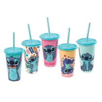 Copo Infantil com Canudo Shake 500mL da Disney Stitch com Tampa Estampas Variadas