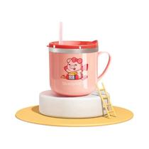 Copo Infantil De 250ml Com Canudo, Tampa E Antiderrapante, Copo De Leite Em Aço Inoxidável 304 Com