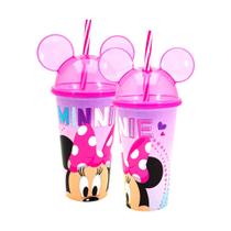 Copo Infantil Minnie Rosa Com Orelha e Canudo 500ml Plasútil