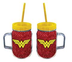 Copo Jarra Acrilico Mulher Maravilha Glitter Logo DC Comics