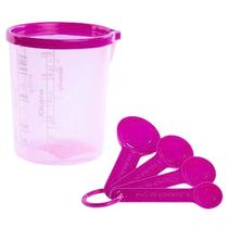 Copo Medidor Dosador De Plástico Com Colheres Comida Preparo Receitas Cozinha 400ml Rosa