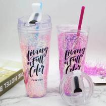 Copo Palha Glittter 650ML C/ Canudo Parede Dupla Plástico Tampa