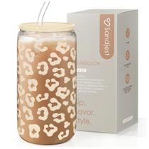 Copo para beber SANDJEST Leopard Glass 470ml com tampa e canudo