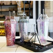 COPO PAREDE DUPLA GLITTER LED CANUDO TAMPA GATO INFANTIL GLITTER 450ml