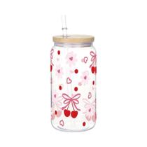Copo Plástico De 16oz Com Tampa E Canudo, Estampa De Cereja E Laço, Para Água, Café, Suco E Bebidas